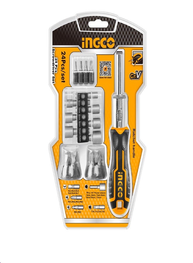 INGCO 24 IN 1 Ratchet Screwdriver Set, INGCO Style Ratchet Handle, 16 Pcs Screwdriver Bits, 7 Pcs 1/4" Power sleeve - Image 1